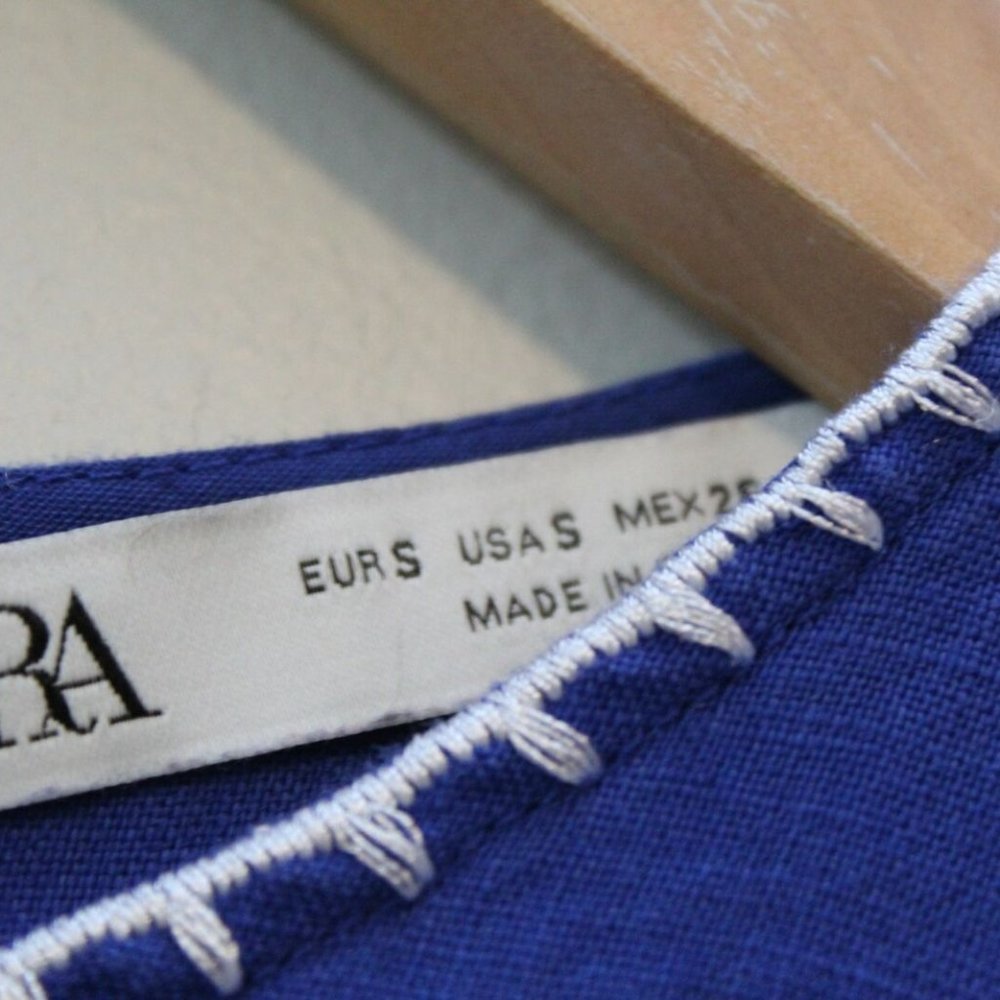 Zara Embroidered Floral Shift Linen Dress Blue White Women's Size Small H12693 - Picture 5 of 11